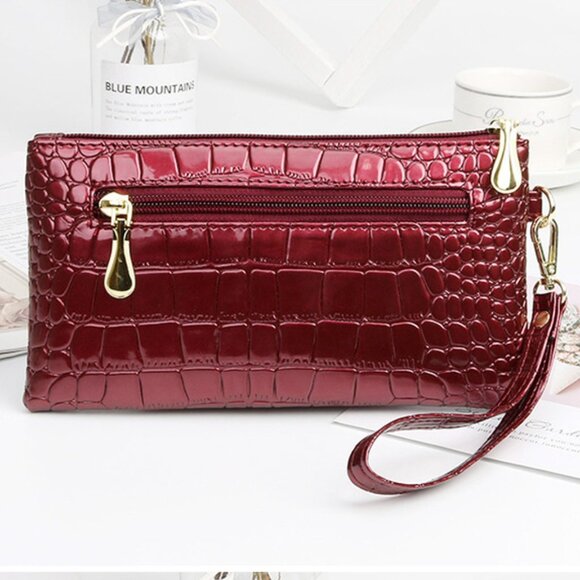 $10 ADD ON ITEM- Red Croc Embossed Clutch Wallet Leather Wristlet Purse Zipper - Picture 4 of 6